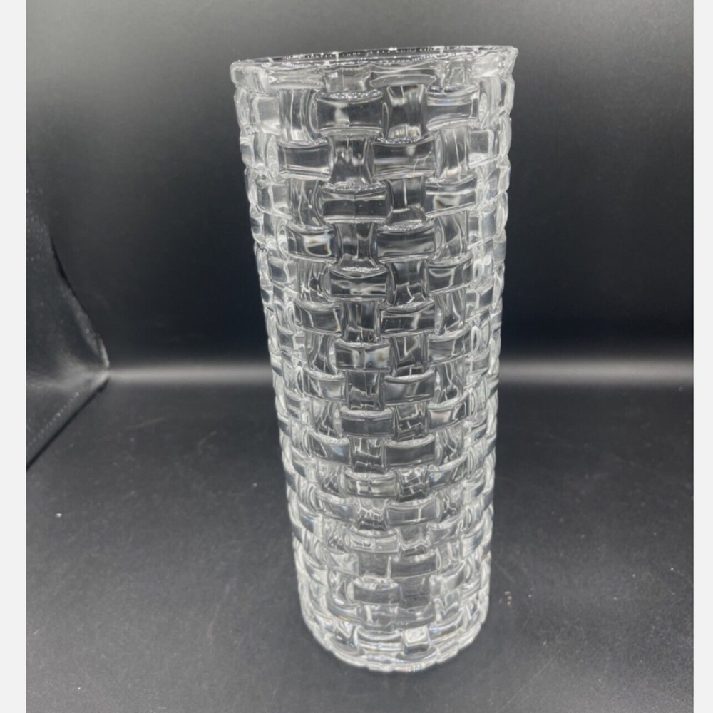Vintage Clear Glass Textured "Basketweave" Cylindrical Vase ~ 1.66lbs Weight